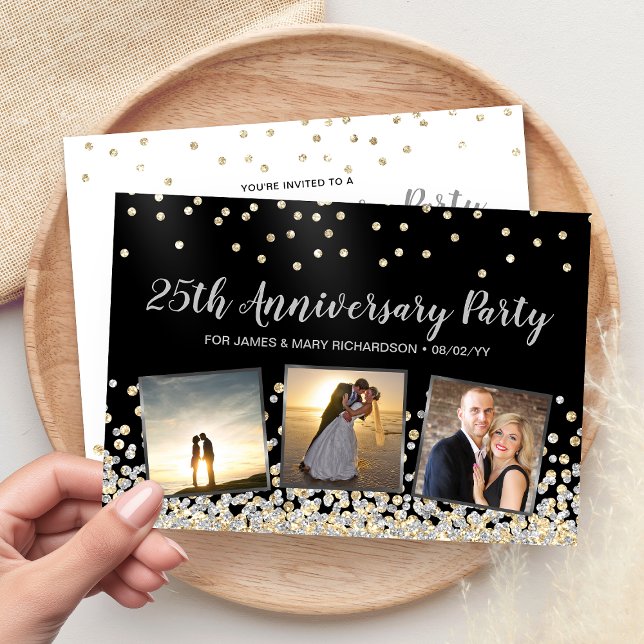 Invitation Collage de photos avec confettis Fête d'anniversai (Confetti Photo Collage 25th Anniversary Party Invitation)