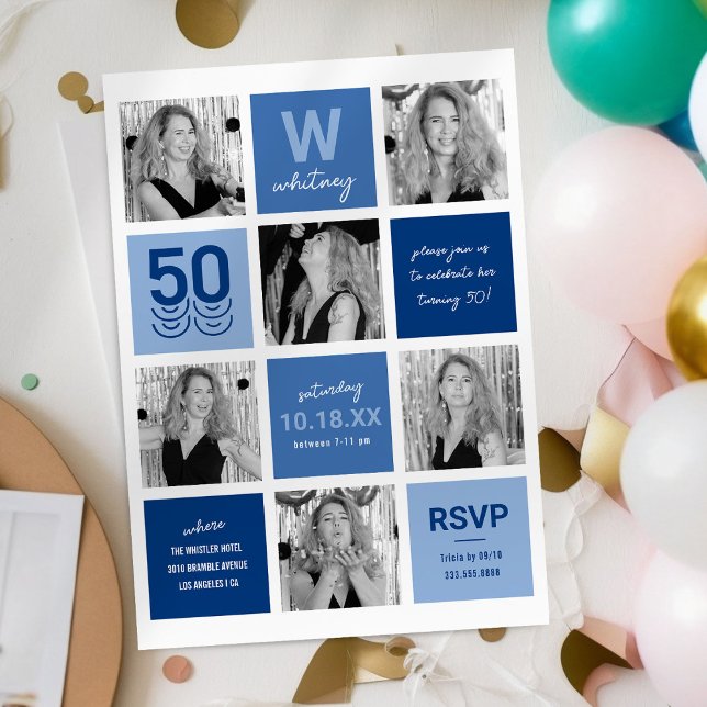 Invitation Collage de photos bleues 50e anniversaire (Créateur téléchargé)