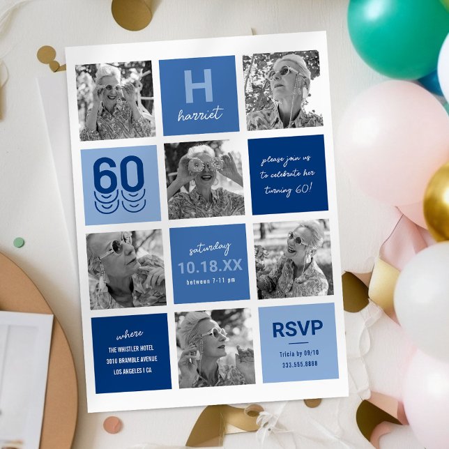 Invitation Collage de photos bleues 60e anniversaire (Créateur téléchargé)