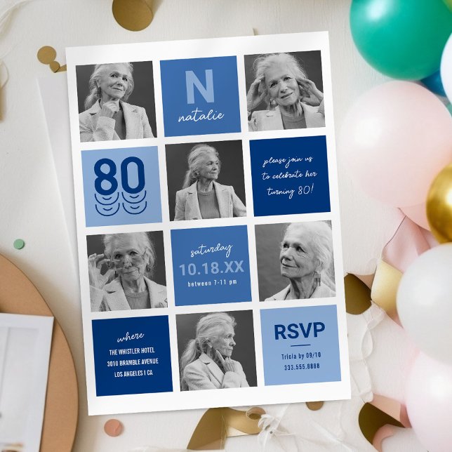 Invitation Collage de photos bleues 80e anniversaire (Créateur téléchargé)