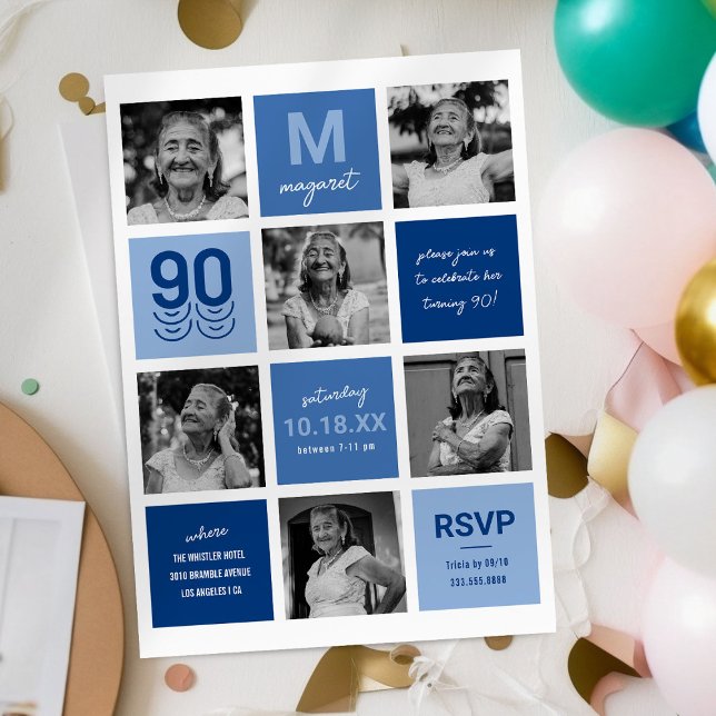 Invitation Collage de photos bleues pour 90e anniversaire (Créateur téléchargé)