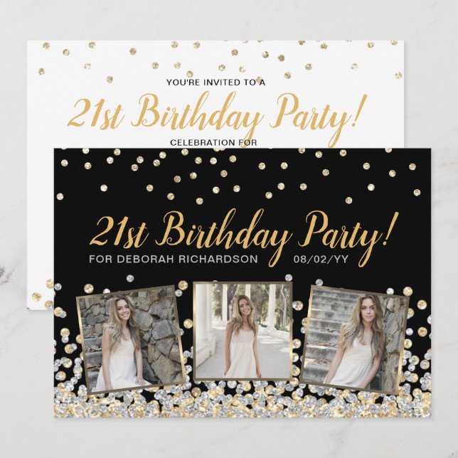 Invitation Collage de photos de confettis or argent 21e anniv (Devant / Derrière)