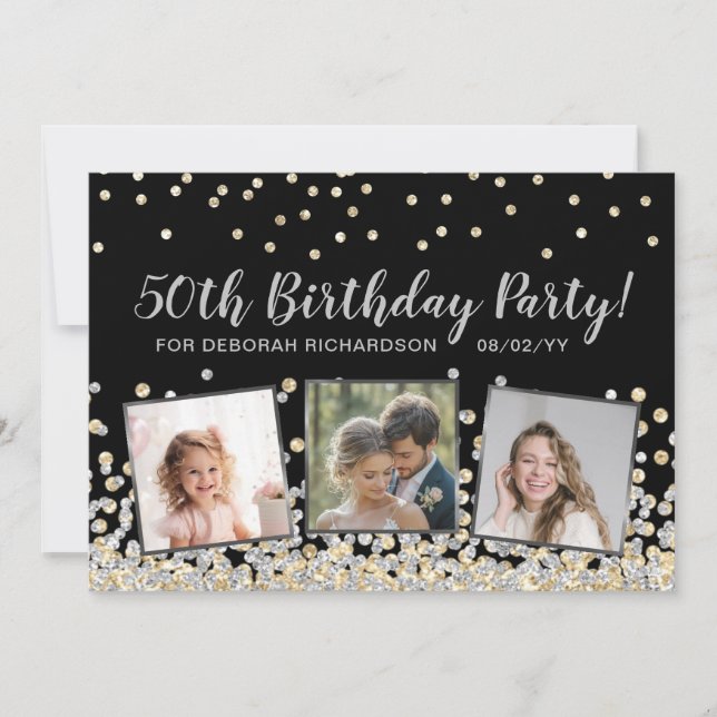 Invitation Collage de photos de confettis or argent 50e anniv (Devant)