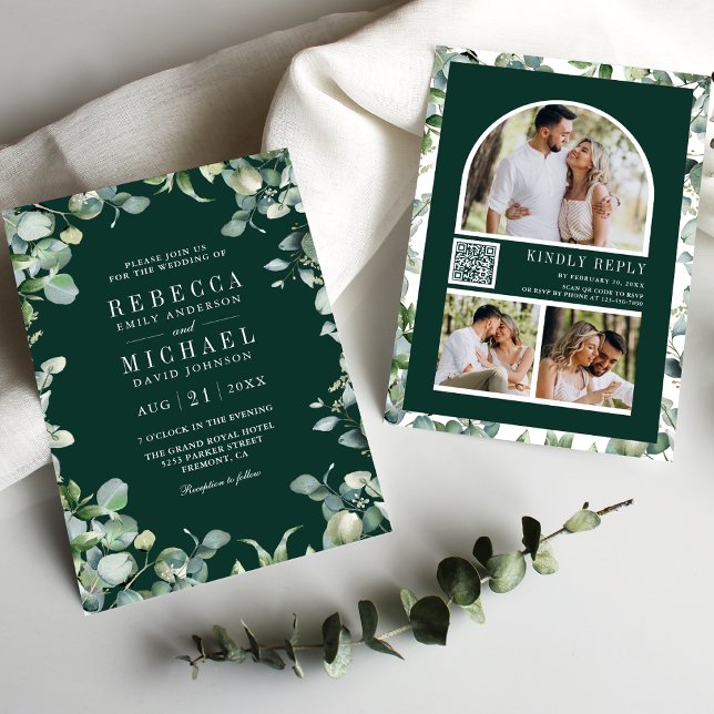 Invitation Collage de photos de eucalyptus Code QR Mariage ém (Créateur téléchargé)