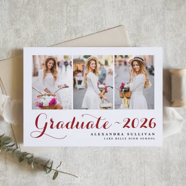 Invitation Collage de photos de la promotion rouge 2025 pour  (Customizable photo collage graduation invitation featuring modern calligraphy. )