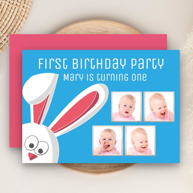 Invitation Collage de photos de lapin mignon pour fête d'anni (Créateur téléchargé)