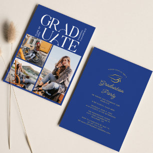 Invitation Collage de photos de remise de diplômes Bleu Fête