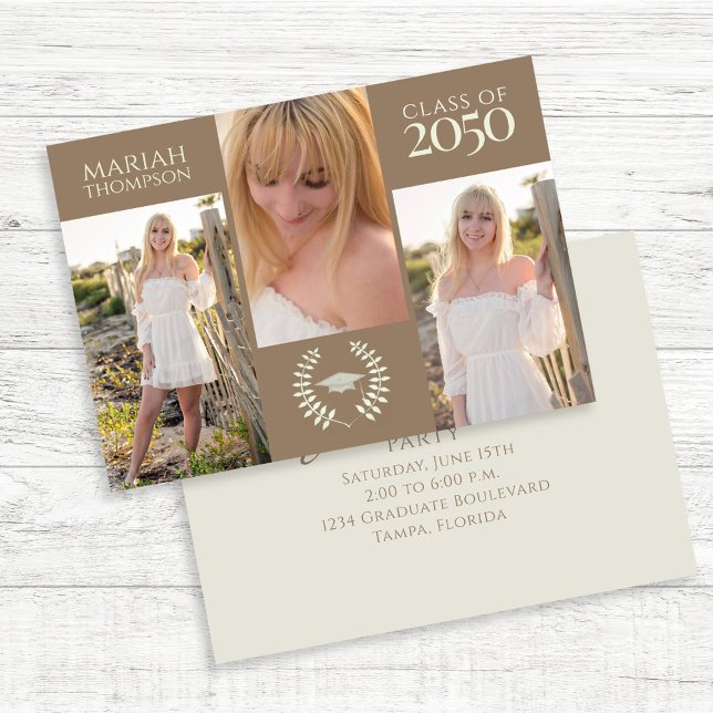 Invitation Collage de photos de remise de diplômes Fête moder (Modern graduation photo collage invitation with three senior photos and elegant typography.)