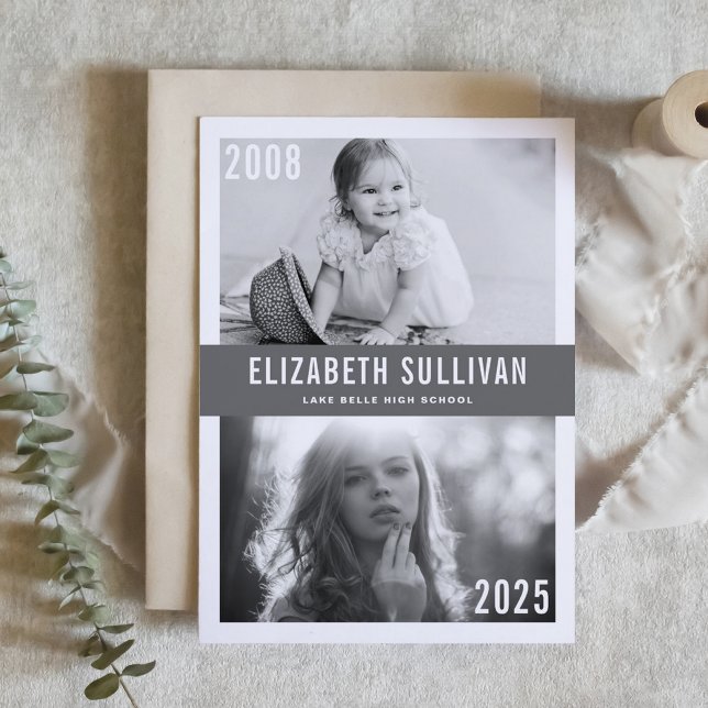 Invitation Collage de photos de remise de diplômes Gray Then  (Customizable then and now photo collage graduation invitation featuring modern lettering. )