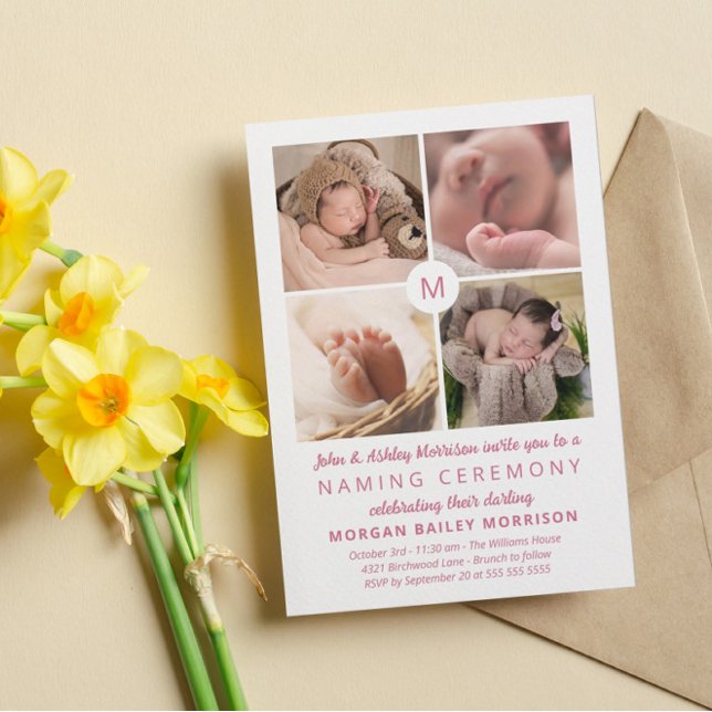 Invitation Collage de photos en rose monogramme Cérémonie de  (Créateur téléchargé)