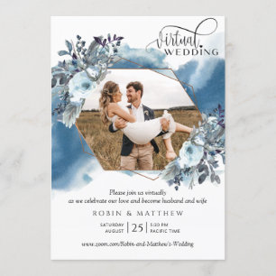 Invitation Collage de photos, Mariage virtuel bleu géométriqu