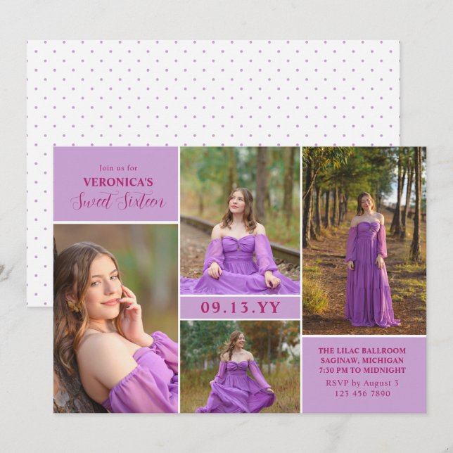 Invitation Collage de photos minimal Fuchsia Violet Sweet Six (Devant / Derrière)