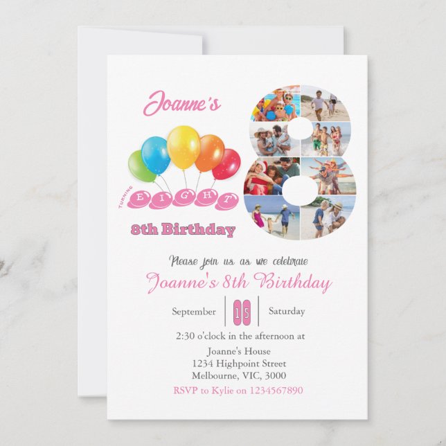 Invitation collage de photos pour le 8e anniversaire numéro 8 (Devant)