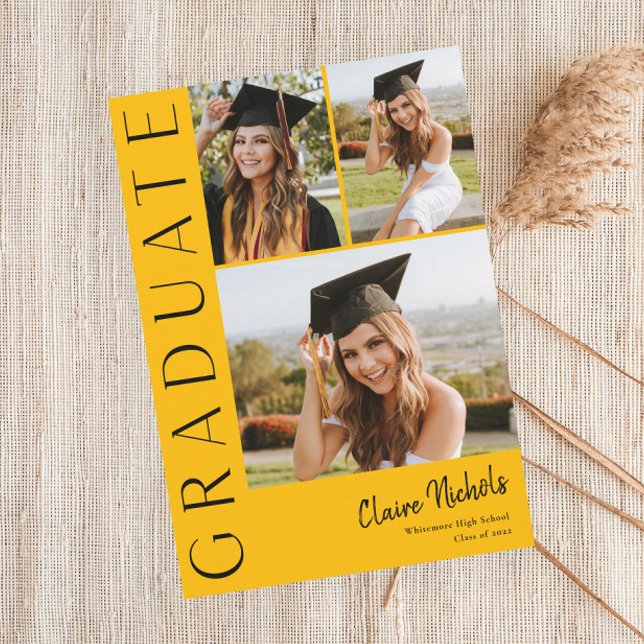 Invitation Collage de photos vertical moderne pour la remise  (Modern Typography 3 Photo Collage Graduation Party Announcement Invitation.)