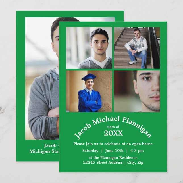 Invitation Collage de quatre photos vert - Annonce de remise  (Devant / Derrière)
