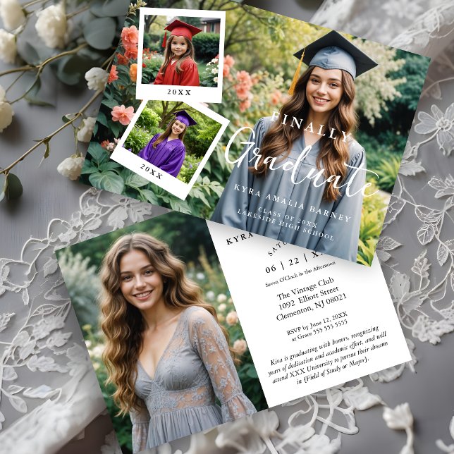 Invitation Collage de script exquis 4 Photos Chronologie Dipl (Exquisite Script Collage 4 Photos Timeline Graduation Party Invitation Card with Funny FINALLY, GRAD)
