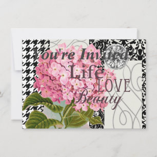 Invitation Collage d'hortensia rose chic Art damassé vintage