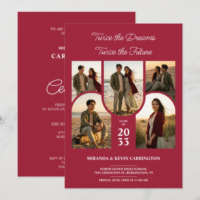 Invitation Collage Double Diplômés Jumelles TMF26 Arc-en-ciel (Devant / Derrière)