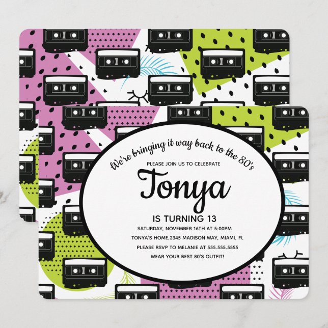 Invitation Collage Fille Rose 80s 90s Cassette Rétro (Devant / Derrière)