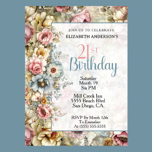 Invitation Collage Floral Élégant pour 21e Anniversaire