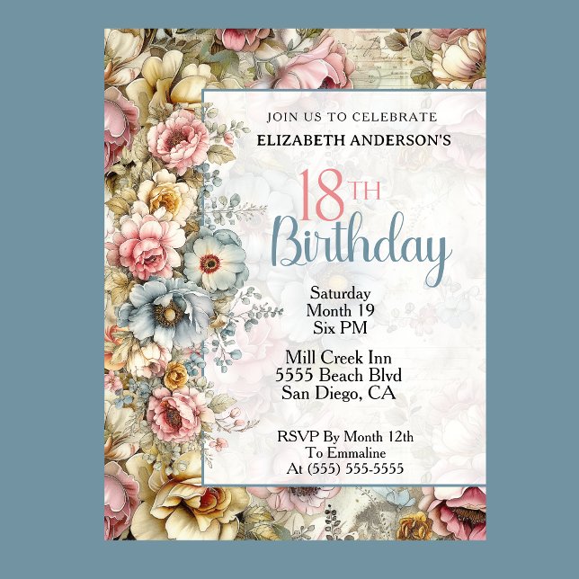Invitation Collage floral joli 18e anniversaire (Pastel floral 18th birthday invitation with vintage watercolor flowers and blue accents
)