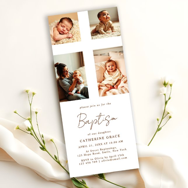 Invitation Collage photo chic Croix Baptême de bébé (Créateur téléchargé)
