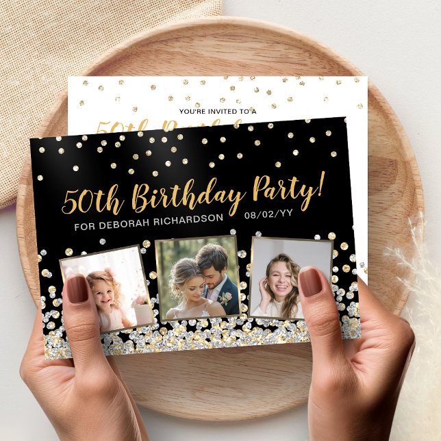 Invitation Collage photo confettis or et argent 50 ans (Gold Silver Confetti Photo Collage 50th Birthday Invitation)