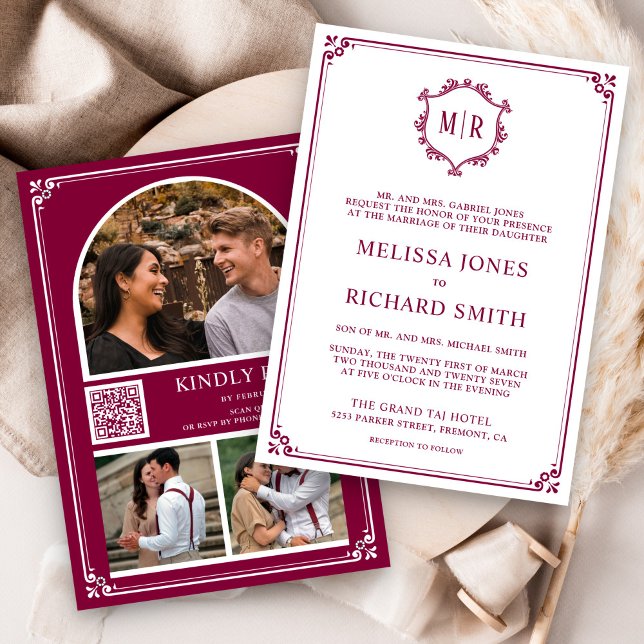 Invitation Collage photo de code QR monogramme mariage magent (Créateur téléchargé)