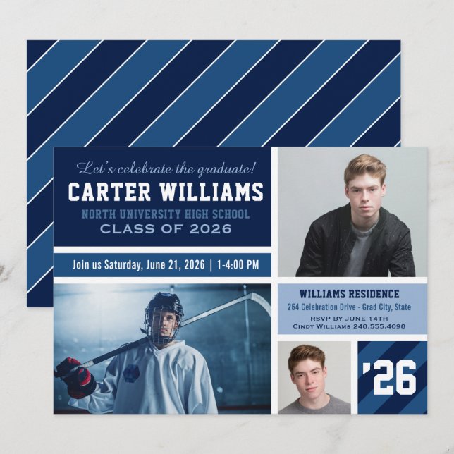 Invitation Collage photo de la Marine moderne Bleue à rayures (Devant / Derrière)