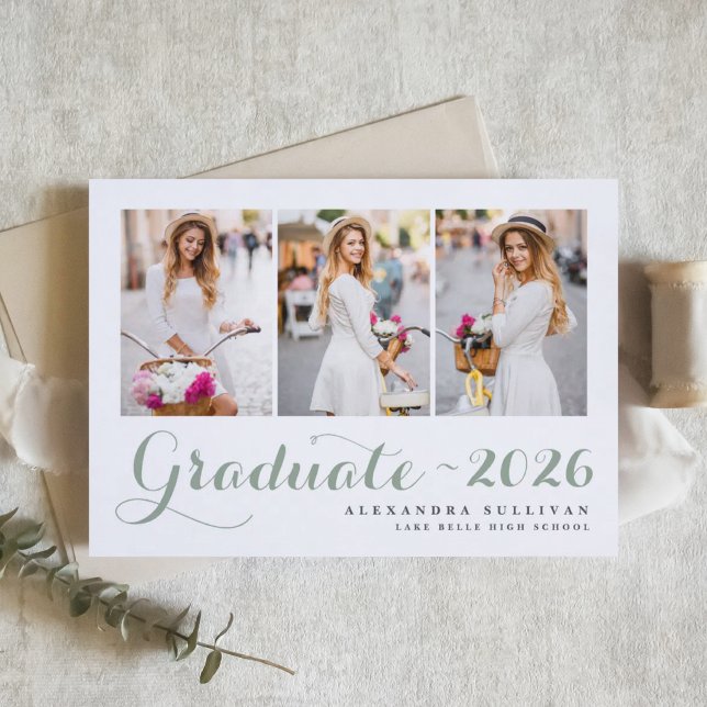 Invitation Collage photo de la promotion 2025 Vert Sauge Dipl (Customizable sage green photo graduation announcement featuring modern calligraphy. )