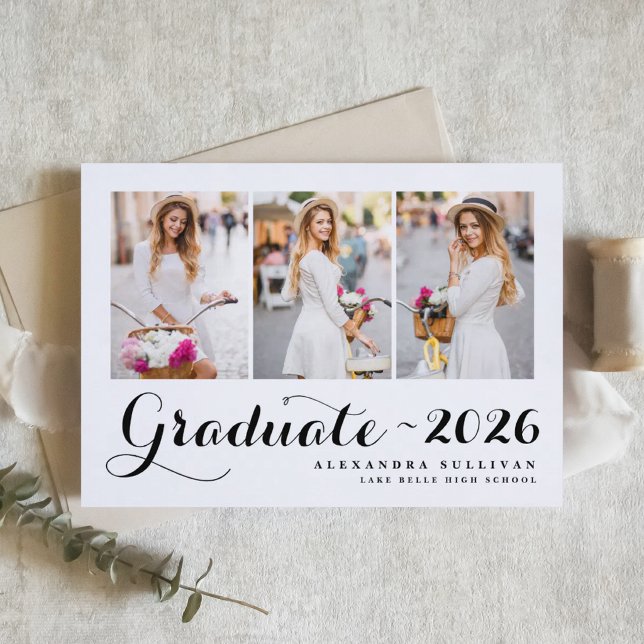 Invitation Collage photo de la promotion noire 2024 Diplômé (Customizable photo collage graduation invitation featuring modern calligraphy. )