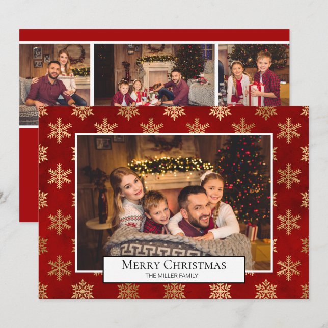 Invitation Collage photo de Noël Flocons de neige rouge et or (Devant / Derrière)