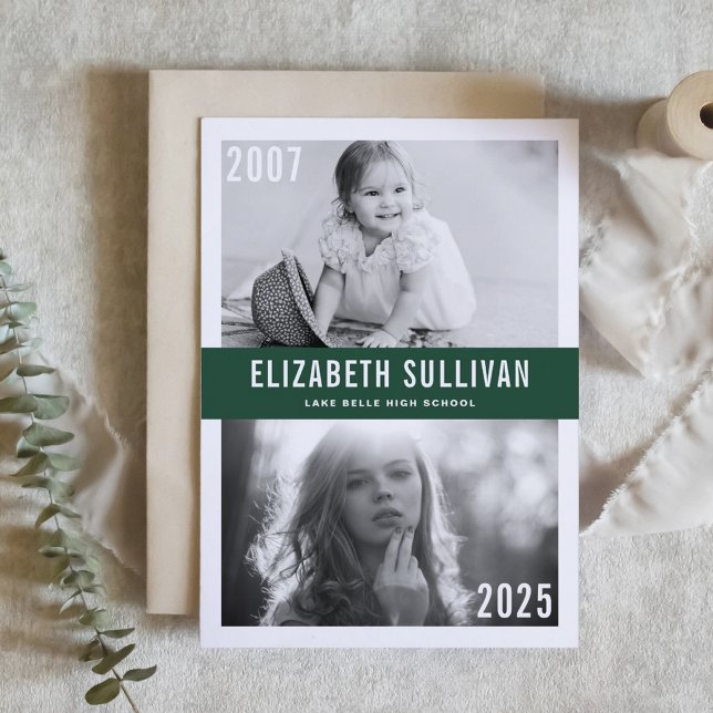 Invitation Collage photo de remise de diplôme vert maintenant (Customizable 'Then and Now' Photo Graduation Invitation with green background – Personalized Invite)