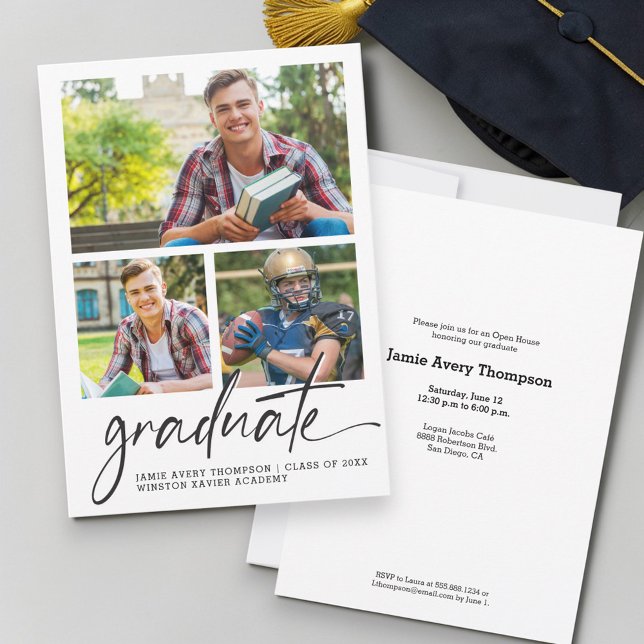 Invitation Collage photo de remise de diplômes pour homme mod (male graduation party invitation, son graduation invitation, graduation open house invitation, male )