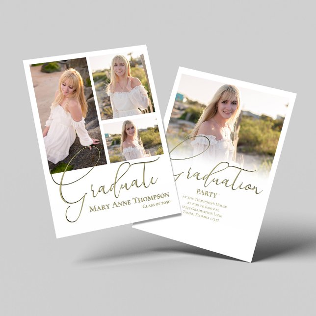 Invitation Collage photo doré pour une fête de remise de dipl (Gold script graduation photo collage with customizable senior portraits.)