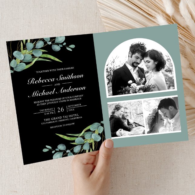 Invitation Collage photo eucalyptus code QR mariage noir (Créateur téléchargé)