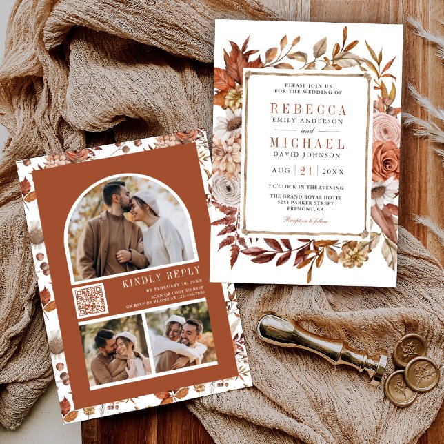 Invitation Collage photo floral en terre cuite avec code QR p (Créateur téléchargé)