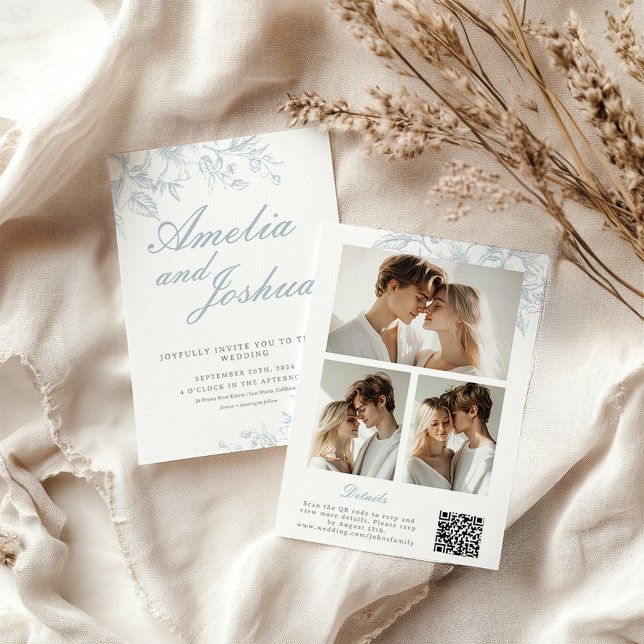 Invitation Collage photo FloraL français élégant avec code QR (Créateur téléchargé)