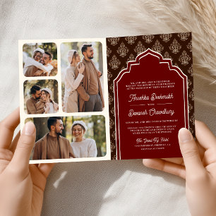 Invitation Collage photo Ikat marron Bourgogne Mariage indien