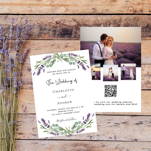 Invitation Collage photo Lavender QR RSVP mariage de luxe (Créateur téléchargé)
