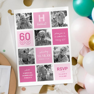 Invitation Collage Photo Moderne 60e Anniversaire Rose