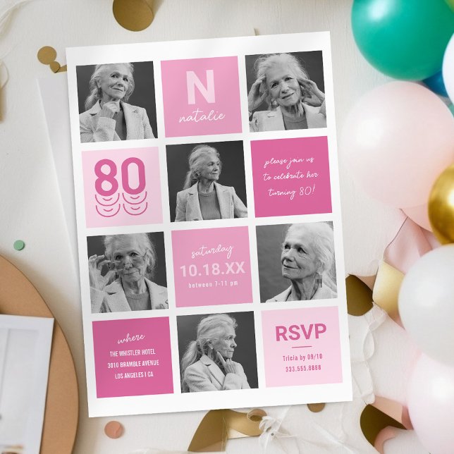 Invitation Collage Photo Moderne 80e Anniversaire Rose (Créateur téléchargé)