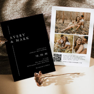 Invitation Collage photo moderne noir et blanc QR Code Mariag