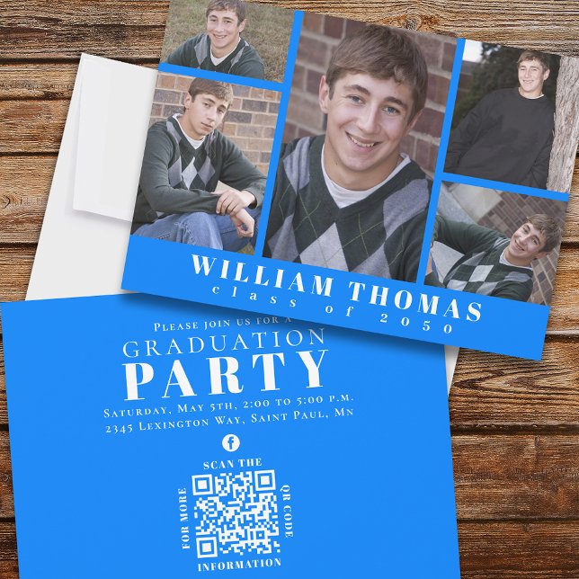Invitation Collage photo multiple Azure Blue QR Code (Créateur téléchargé)