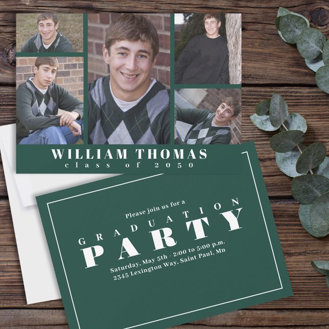 Invitation Collage photo multiple pour diplômés minimal vert  (Créateur téléchargé)