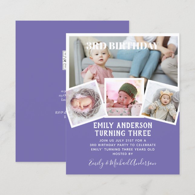 Invitation Collage Photo pour les 3 Ans Garçon Fil (Devant / Derrière)