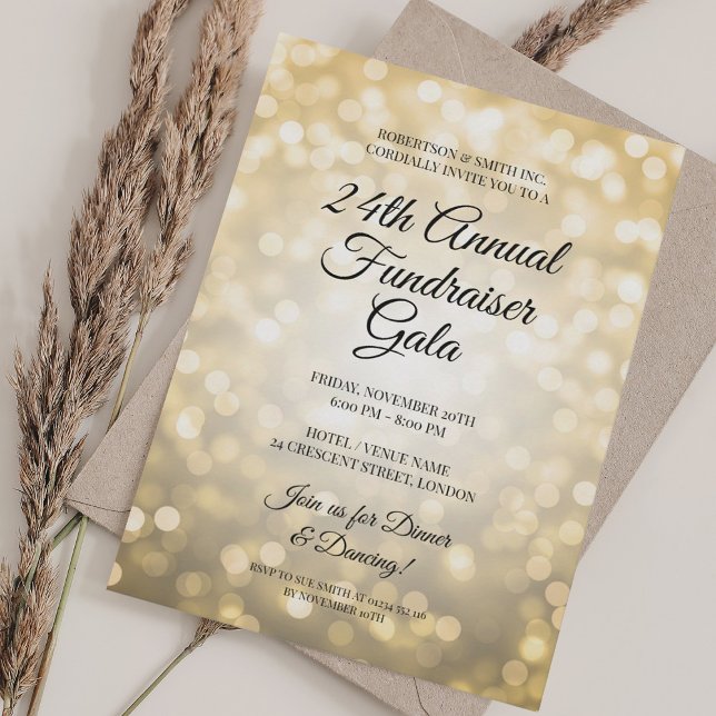 Invitation Collecte de fonds d'entreprise officielle Gala Lum (Formal Corporate Fundraiser Gala Gold Lights Invitation)