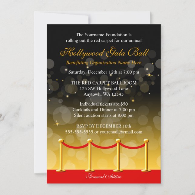 Invitation Collecte de fonds Hollywood Gold Red Carpet (Devant)