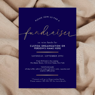 Invitation Collecte de fonds Minimaliste Écriture Navy & Or C