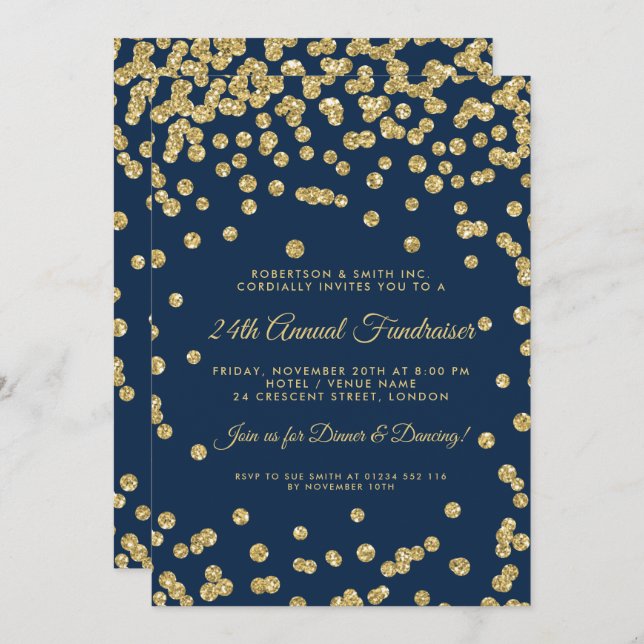 Invitation Collecte de fonds pour le dîner Gold Confetti Navy (Devant / Derrière)